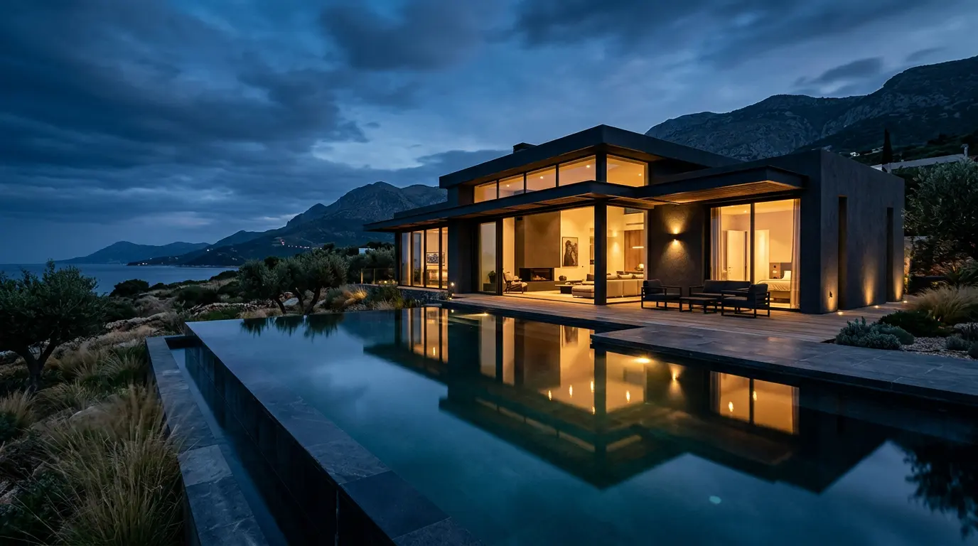 A contemporary villa with a reflecting pool at dusk