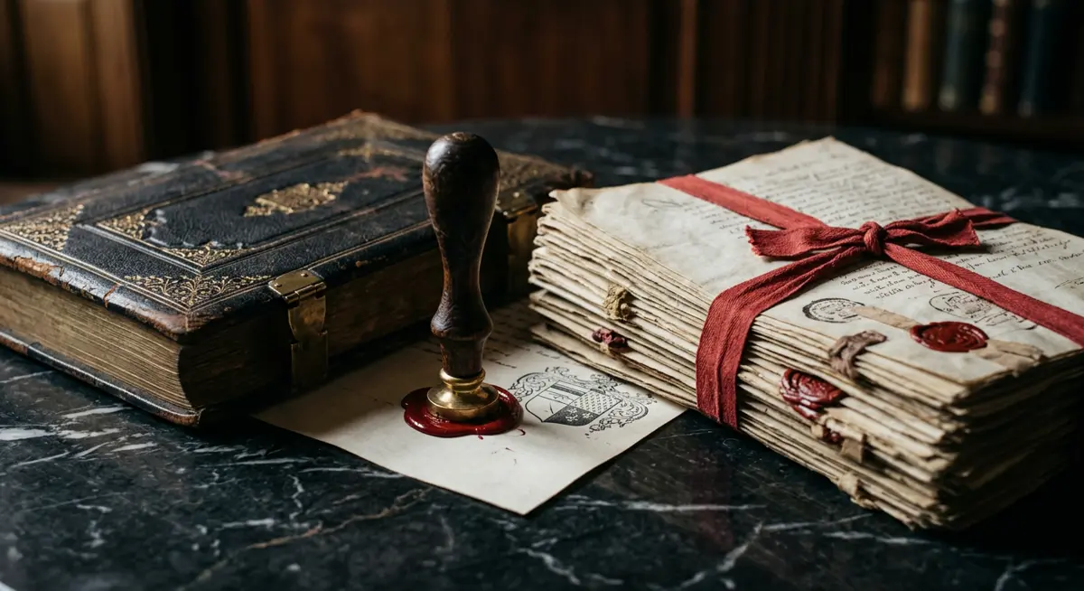Wax seal, leather legal register and stamped documents on dark marble
