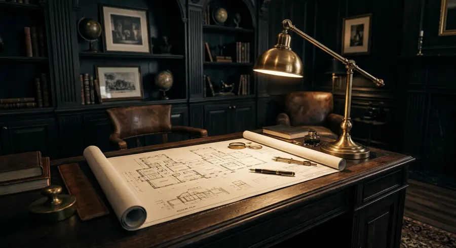 A panelled private study with an architectural plan under a brass lamp