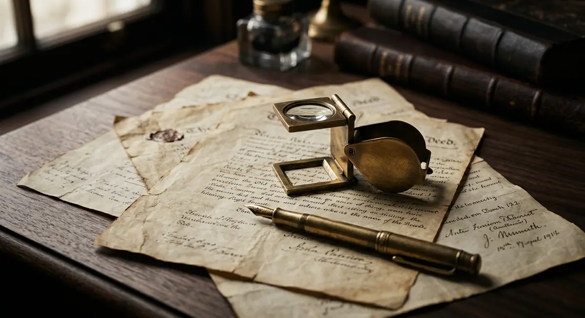 Aged title deeds with a brass loupe and fountain pen on a walnut desk