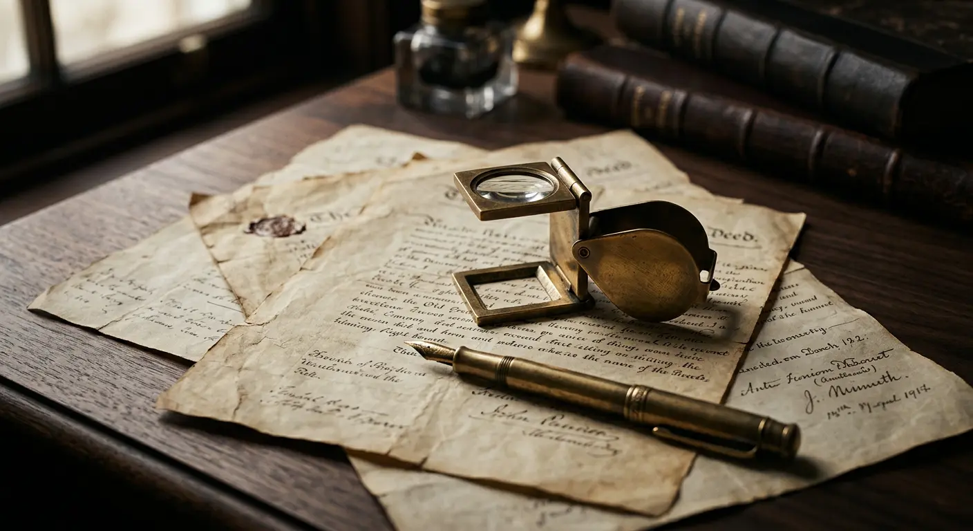 Aged title deeds with a brass loupe and fountain pen on a walnut desk